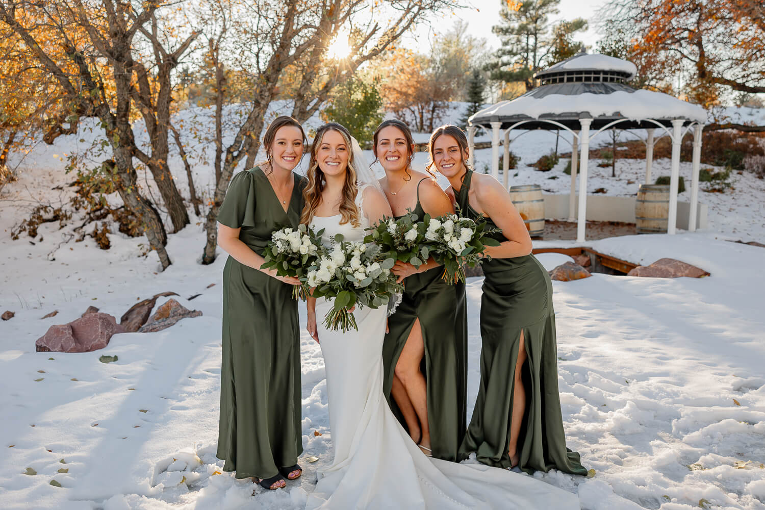 Bridal party group photo of everyone smiling at Creekside Terrace. Captured by Michelle Betz Photography